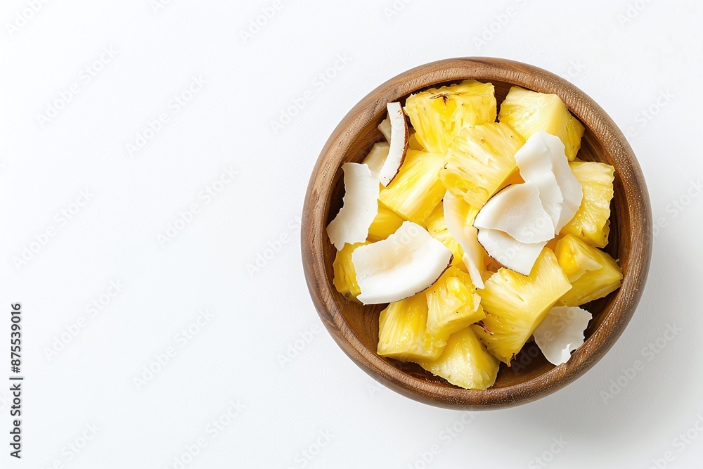 Bowl of pineapple chunks and coconut flakes on white background. Flat lay composition with copy space. Tropical fruit design for poster, wallpaper, banner, greeting card, invitation, postcard. Bowl of pineapple chunks and coconut flakes on white background. Flat lay composition with copy space. Tropical fruit design for poster, wallpaper, banner, greeting card, invitation, postcard.