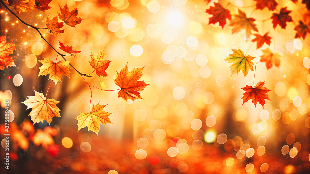Autumn bright background with maple leaves and bright bokeh, copy space