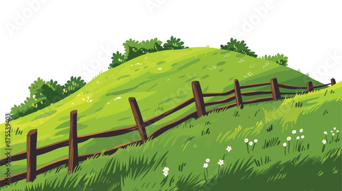 A grassy high hill with wooden fence in Spring time 
