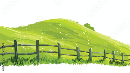 A grassy high hill with wooden fence in Spring time 