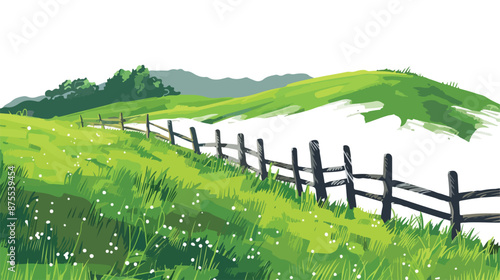 A grassy high hill with wooden fence in Spring time 