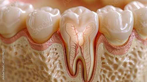 Anatomical intricacy: tooth structure, nerve, with a visible cartilaginous stage, detailed layers and components of a tooth, emphasizing the complex interplay of dental anatomy