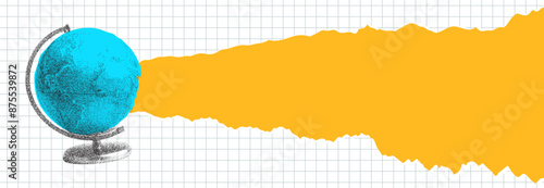 Globe with photocopy effect, space for text on piece of torn orange paper, squared notebook sheet. Vector illustration for presentation design, promotional materials, banner and more.