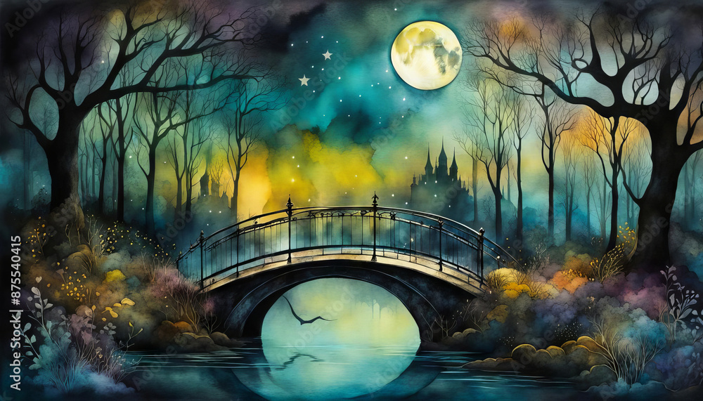 A bridge at night with a full moon and a slightly creepy landscape. A bridge at night with a full moon and a slightly creepy landscape.