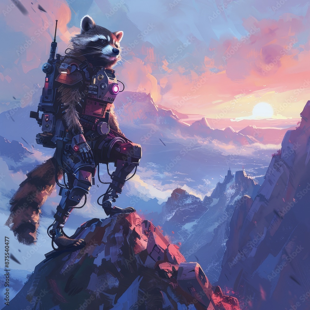 Fototapeta premium Cyborg raccoon on peak, surveying landscape with enhanced vision and mechanical limbs