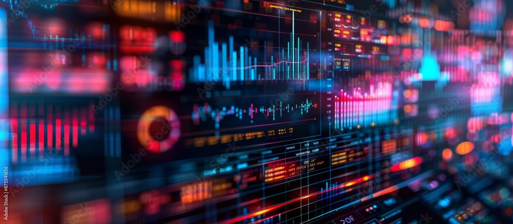 Abstract financial data visualization on digital screens with colorful charts and graphs. Digital art for financial and business design. Banner with copy space Abstract financial data visualization on digital screens with colorful charts and graphs. Digital art for financial and business design. Banner with copy space