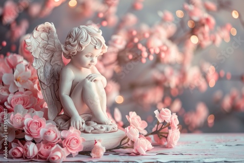 A little white angel sitting on a floral patterned stand surrounded by pink roses and an illuminated background. Holiday Valentine's day.