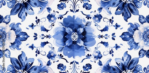 Delft blue seamless patterns with vintage tile decor, floral, vintage, Delft, blue, seamless patterns photo