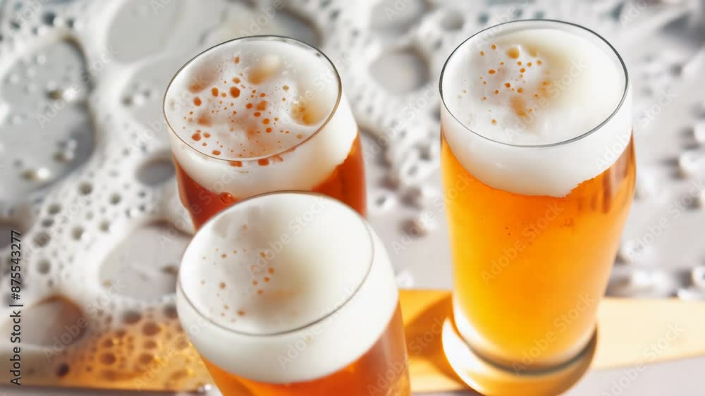 Foaming beer glasses with overflowing bubbles Foaming beer glasses with overflowing bubbles