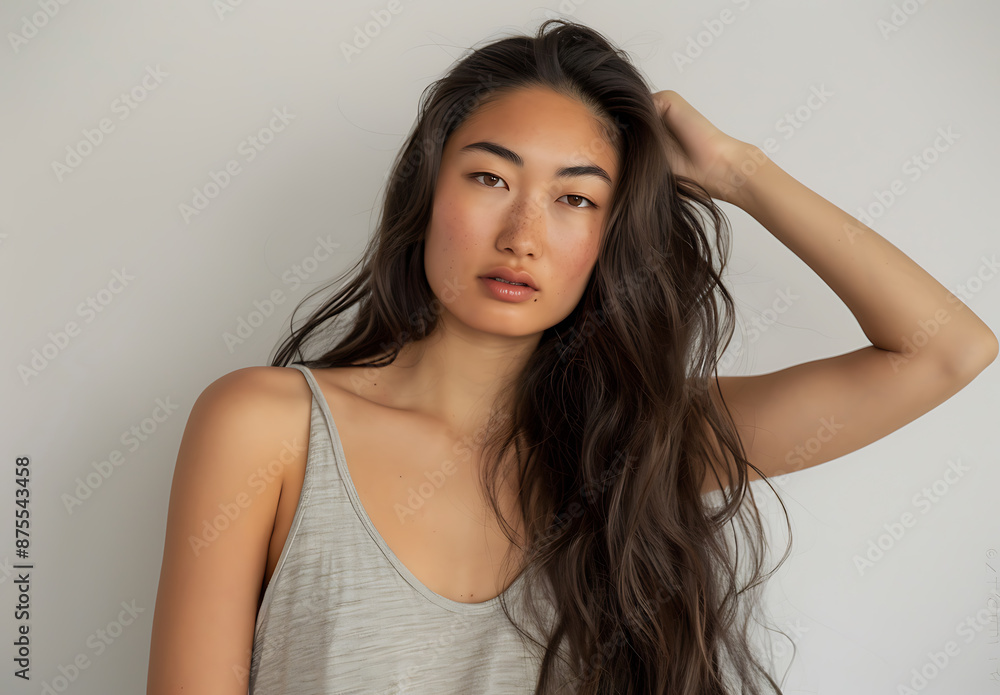 Beautiful Japanese woman long hair posing camera front of her right shoulder against white background touching her skin one arm She wearing light gray sleeveless top giving off elegant impression Beautiful Japanese woman long hair posing camera front of her right shoulder against white background touching her skin one arm She wearing light gray sleeveless top giving off elegant impression