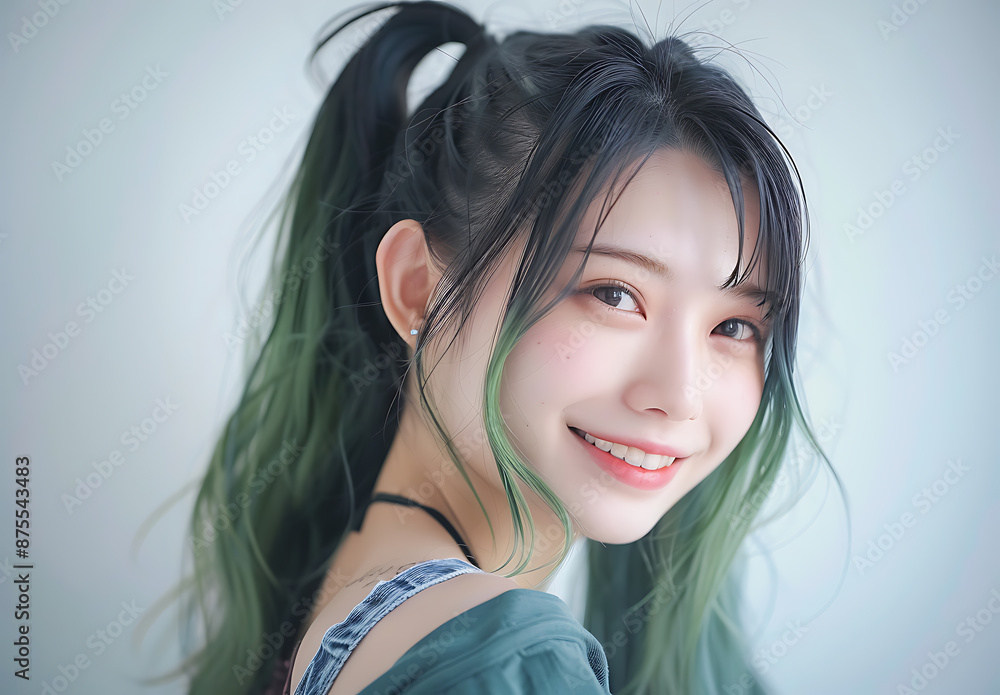 Fototapeta premium Beautiful Japanese girl straight hair smiling looking camera against white background halflength photo She green ponytail hairstyle wearing light colored fresh style natural skin tone She delicate