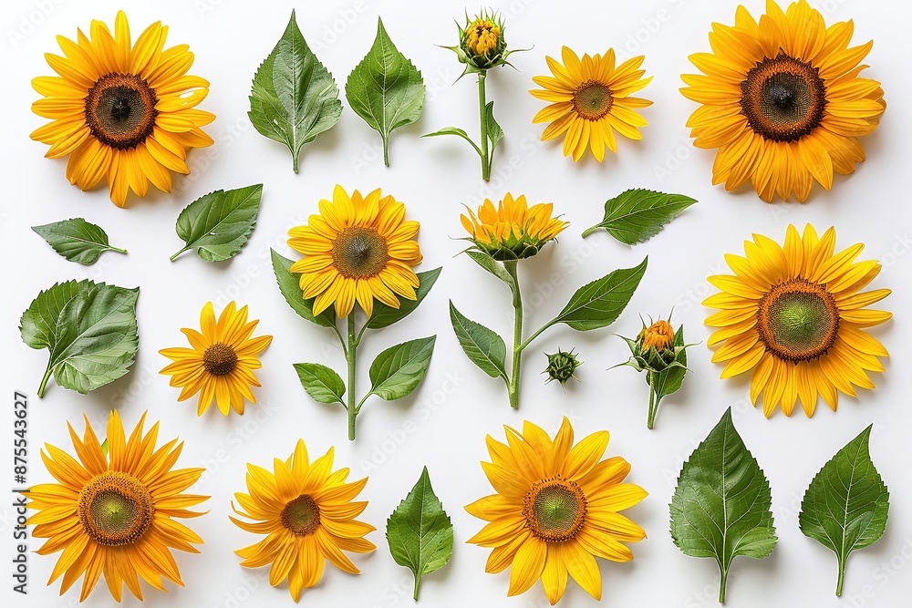 Sunflowers and green leaves arranged on white background. Flat lay composition. Summer floral design for poster, wallpaper, banner, greeting card, invitation, postcard.
Sunflowers and green leaves arranged on white background. Flat lay composition. Summer floral design for poster, wallpaper, banner, greeting card, invitation, postcard.
