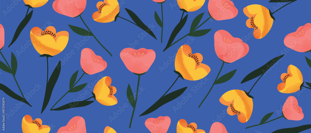 Pattern with hand-drawn bright flowers on a blue background. Seamless floral background. Pattern with hand-drawn bright flowers on a blue background. Seamless floral background.