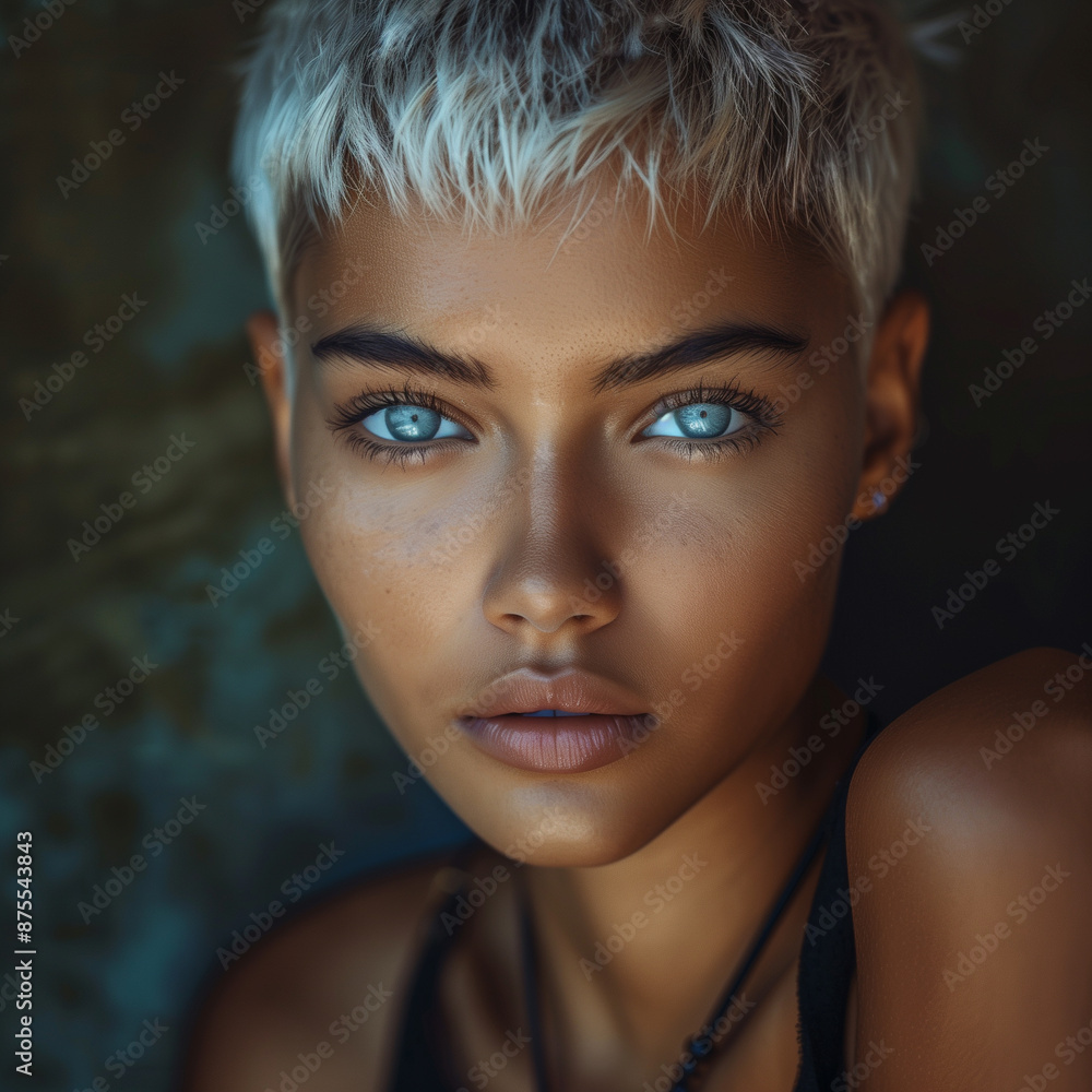 Charming Brazilian woman with blue gas and white hair. With freckles on her face, looking at the camera. Charming Brazilian woman with blue gas and white hair. With freckles on her face, looking at the camera.