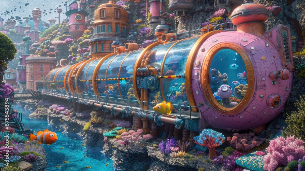 A vibrant and whimsical underwater city with a futuristic train, a castle structure and lots of sea creatures. A vibrant and whimsical underwater city with a futuristic train, a castle structure and lots of sea creatures.