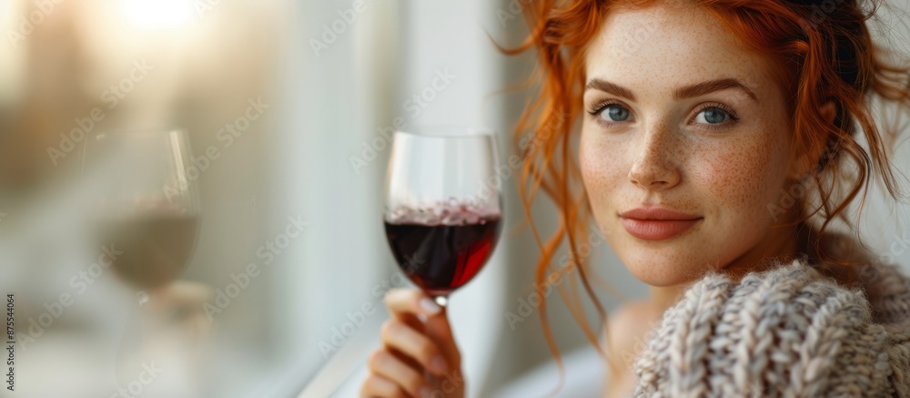 Red-Haired Woman Enjoying Glass of Wine. Close-up of a red-haired woman enjoying a glass of red wine, highlighting relaxation and leisure in a cozy setting. Banner with copy space