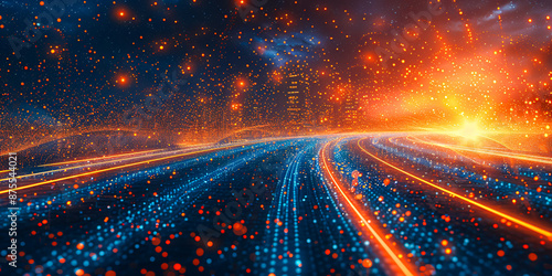 Abstract light trails on a dark road, representing speed, motion, and futuristic travel