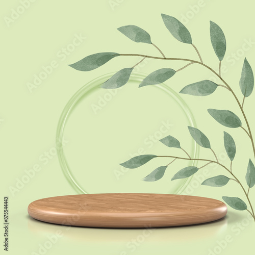 New product background for small products display post green leafy background with wooden product base 