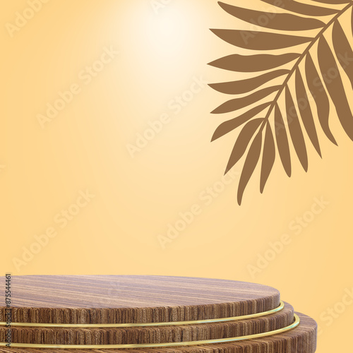 New product background for small products display post orange leafy background with wooden product base 