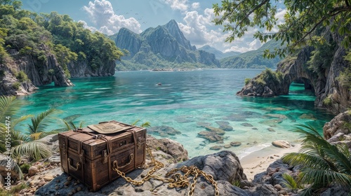 A weathered wooden treasure chest sits on a rocky beach, surrounded by a calm blue ocean and green mountains, under a clear sky.