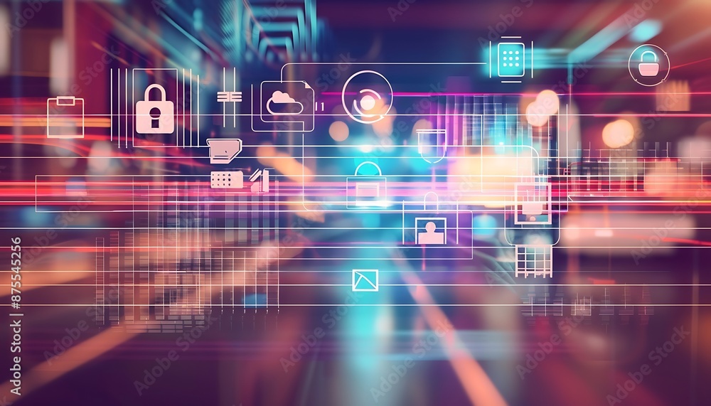 Fototapeta premium Data cyber security concept with abstract high speed technology privacy data protection motion blurred illustration. Generative AI