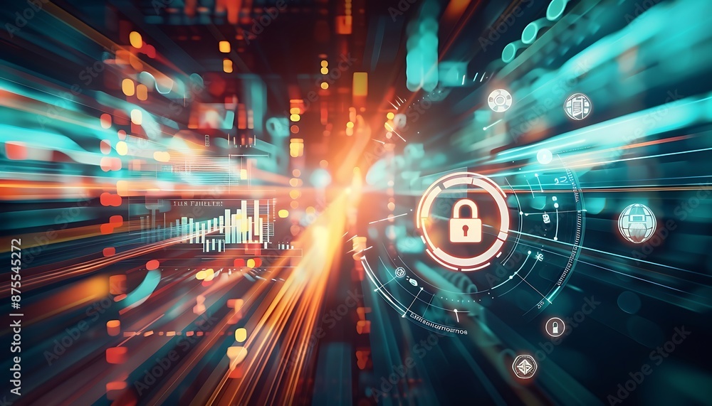Obraz premium Data cyber security concept with abstract high speed technology privacy data protection motion blurred illustration. Generative AI