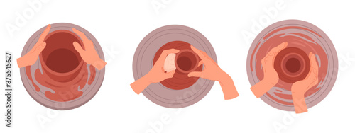 Cartoon potters hands. Ceramics studio potters hands top view, potter's wheel and ceramic modeling process flat vector illustration set. Handmade and hand crafting crockery
