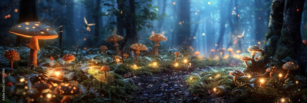 An enchanted forest with glowing mushrooms and ghostly fairies, leaving a magical clearing for text An enchanted forest with glowing mushrooms and ghostly fairies, leaving a magical clearing for text