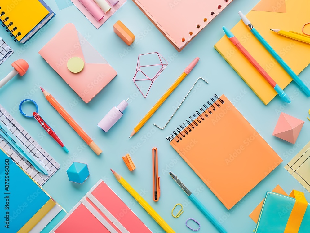 Playful flat lay of school supplies, light background, geometric shapes, creativity in learning, vibrant colors. Playful flat lay of school supplies, light background, geometric shapes, creativity in learning, vibrant colors.