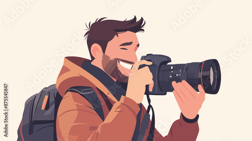 A Caucasian photographer smiling while holding his camera
