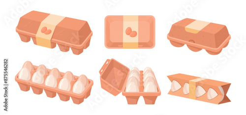 Chicken eggs packaging. Grocery store chicken eggs boxes, organic eggs in cardboard boxes flat vector illustration set. Cartoon eggs carton in boxes