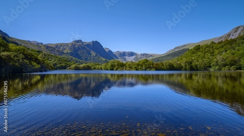 Peaceful lake surrounded by lush green hills and mountains under a clear blue sky
