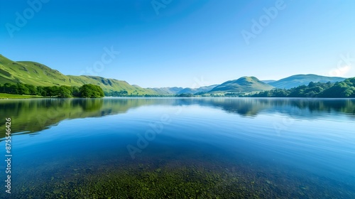 Peaceful lake surrounded by lush green hills and clear blue sky 
