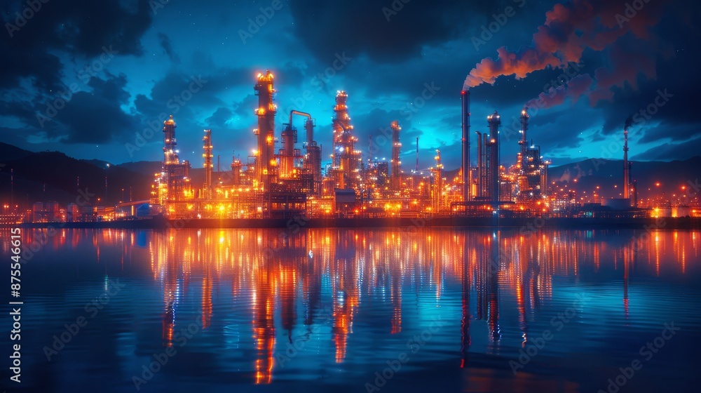 Illuminated oil refinery reflecting in water. An oil refinery at night with bright lights reflecting in the calm water, showcasing industrial structures and atmospheric mood. Illuminated oil refinery reflecting in water. An oil refinery at night with bright lights reflecting in the calm water, showcasing industrial structures and atmospheric mood.