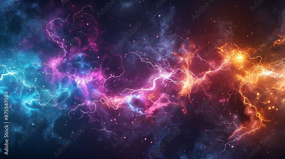 a vibrant display of multicolored lightning bolts against a dark background. The lightning bolts predominantly appear in shades of blue, purple, pink, and orange a vibrant display of multicolored lightning bolts against a dark background. The lightning bolts predominantly appear in shades of blue, purple, pink, and orange