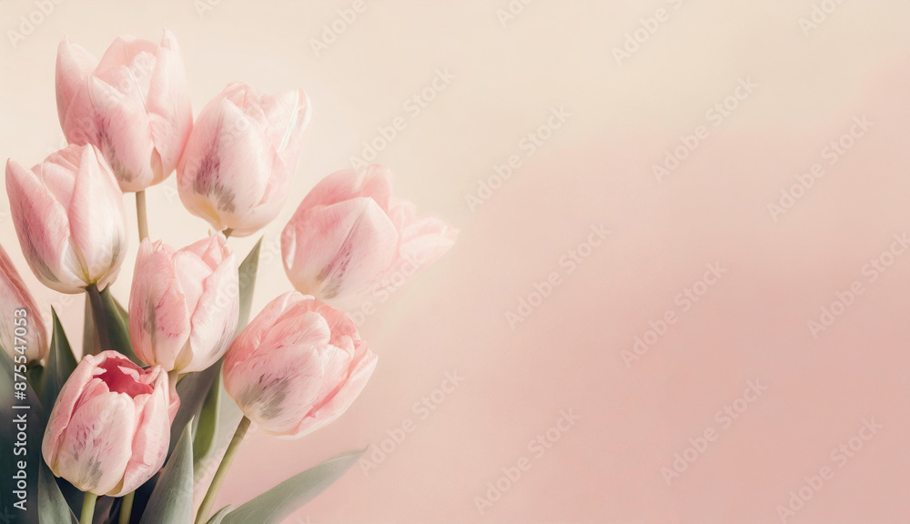 Naklejka premium Illutration of spring pink tulip flowers on pink background top view in flat lay style. Greeting card for Womens, Mothers Day, wedding invitation or Spring Sale Banner. Generative AI.