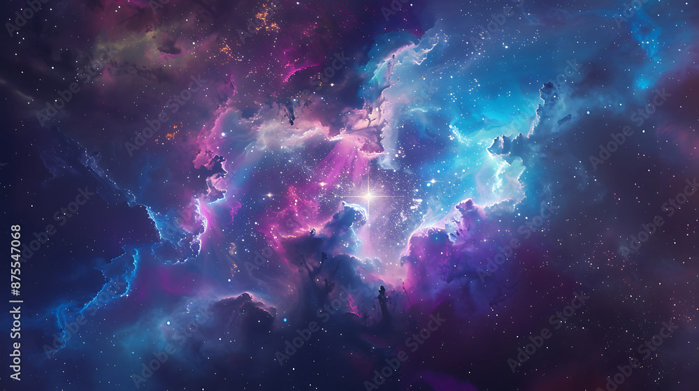 a vibrant cosmic scene with a nebula, featuring various shades of blue, purple, and pink interstellar clouds. A bright cluster of stars illuminates the center a vibrant cosmic scene with a nebula, featuring various shades of blue, purple, and pink interstellar clouds. A bright cluster of stars illuminates the center