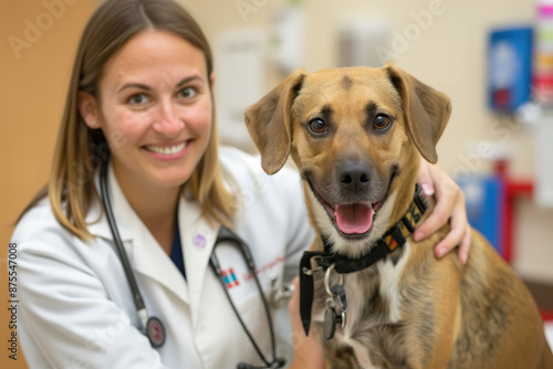 Female Veterinarian with a Friendly Dog During a Routine Checkup in the Clinic © PrettyStock