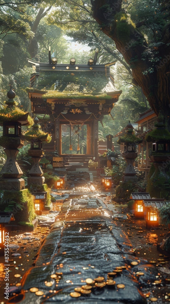 A path to a Japanese shrine with gold coins and lanterns on the way.