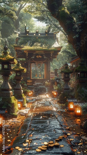 Obraz na płótnie A path to a Japanese shrine with gold coins and lanterns on the way. w salonie