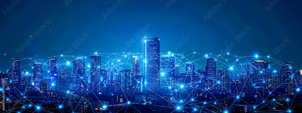 Digital networking concept with a city skyline, emphasizing connectivity and business Digital networking concept with a city skyline, emphasizing connectivity and business