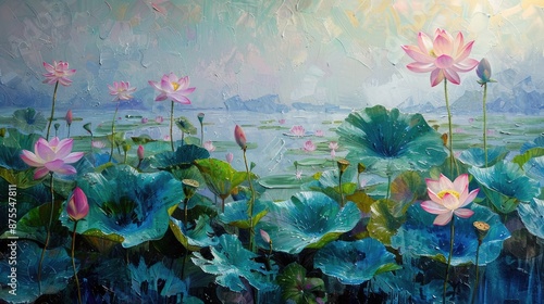 Bold strokes of oil paint depicting bright lotus flowers and lush leaves against a vibrant and colorful pond.