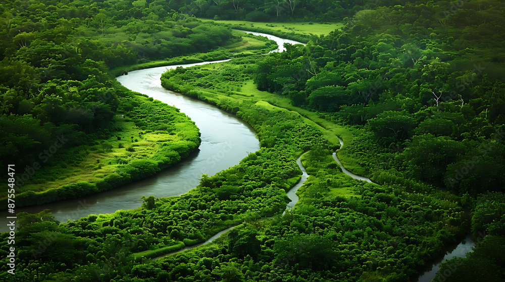 a serene scene winding river flowing through a lush green landscape. The meandering river creates an interesting pattern as it navigates through the dense foliage a serene scene winding river flowing through a lush green landscape. The meandering river creates an interesting pattern as it navigates through the dense foliage