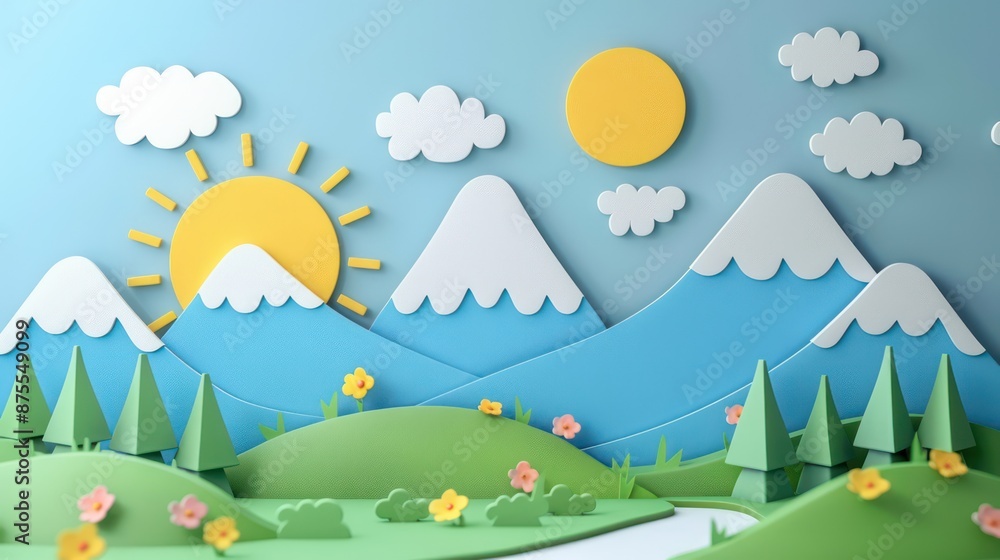 Sunny day illustration with mountains, clouds, and trees Sunny day illustration with mountains, clouds, and trees