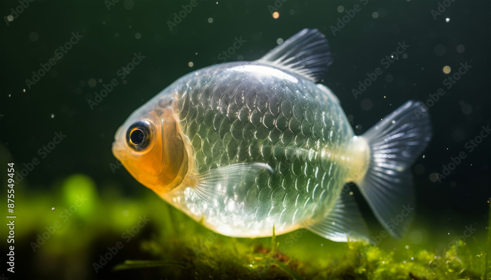 Shiny small rounded freshwater fish with orange head, camouflage and reflective scales seen underwater river, pond, fishbowl, or aquarium tank with green algae on blurred dark background. Shiny small rounded freshwater fish with orange head, camouflage and reflective scales seen underwater river, pond, fishbowl, or aquarium tank with green algae on blurred dark background.
