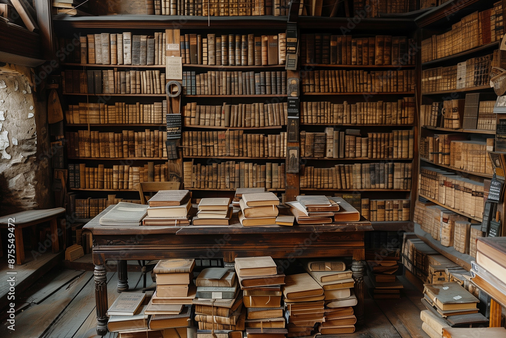 Obraz premium Vintage library with wooden shelves and old books, pattern with books