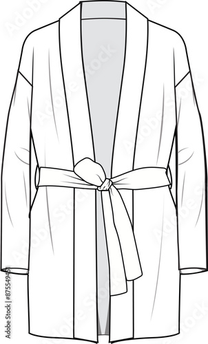 Women's Front Wrap Closure, Self Tie Cardigan. Technical fashion illustration. Front and back, white colour. Women's CAD mock-up.