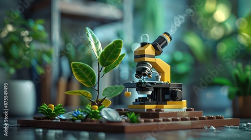 microscope with plant in modern background, detailed bokeh