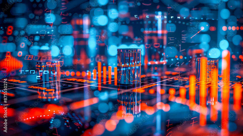 Fototapeta premium Digital abstract background with financial graphs and double exposure of cityscape