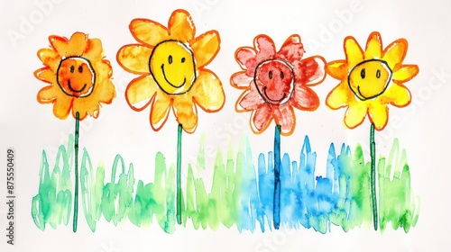 Vibrant watercolor illustration of flowers with happy faces blooming. photo